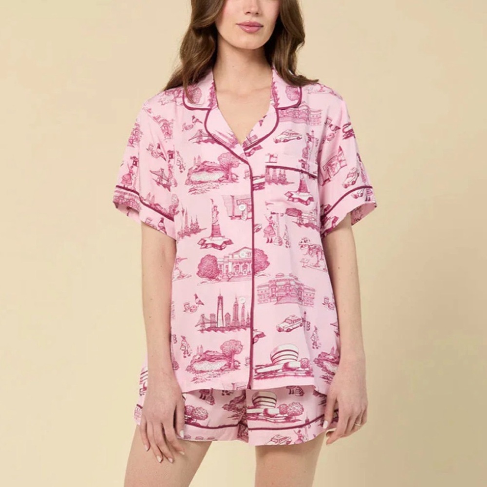 KATIE KIME New York Toile Pajama Short Set Womens Size Large Pink Magenta